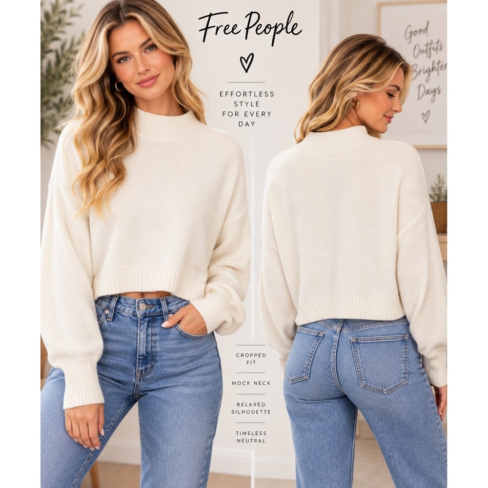 Free People Womens Cropped Mock Neck Sweater Ivory Relaxed Fit Size XS